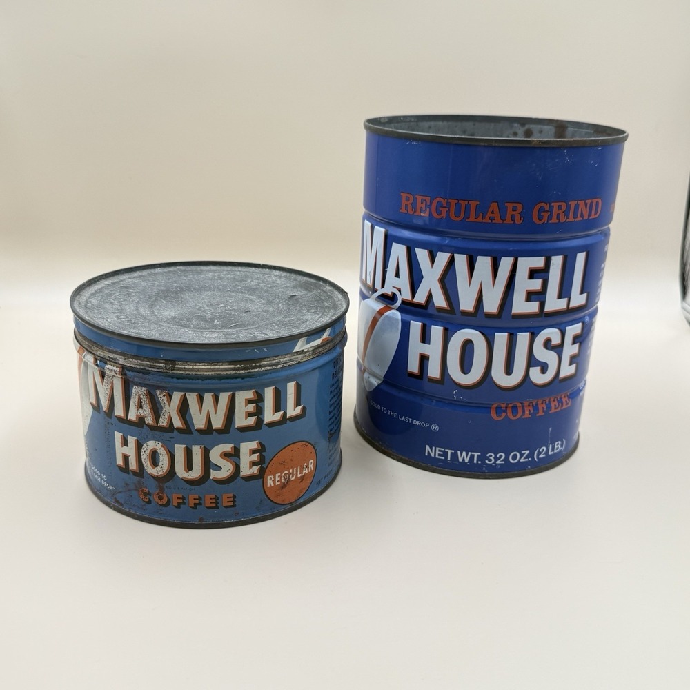 Vintage Lot Of 2 Coffee Can Tins Maxwell House Rustic Country Cottage Primitive
